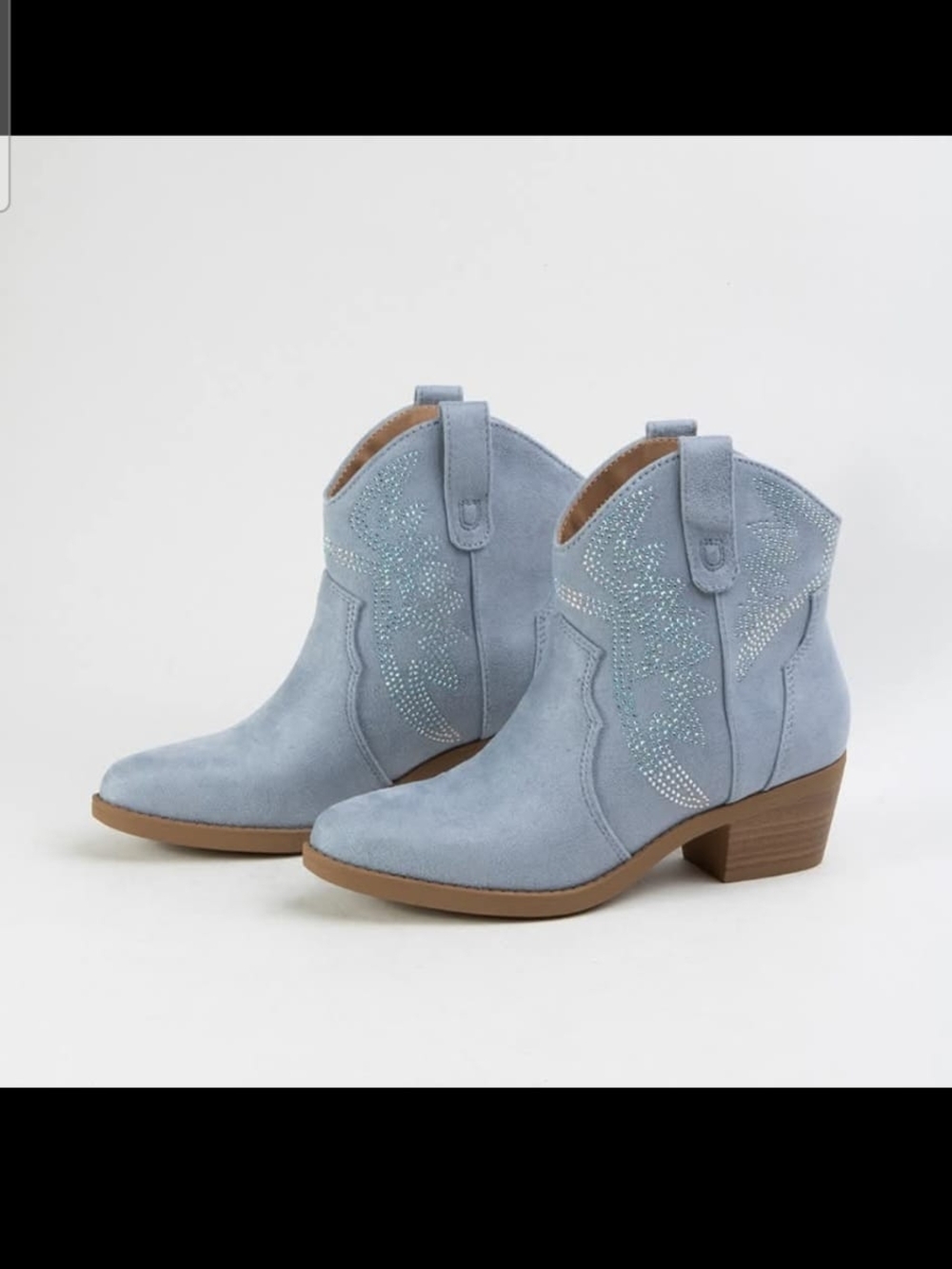 Soda Light Blue Suede Western Ankle Booties with Crystal Accents Size 8.5
